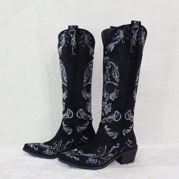 Muerto Country Western Cowgirl Boots Sparkling Iridescent Rhinestones Skull